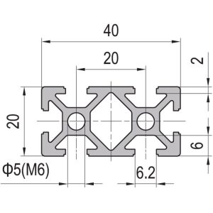 Perfil de Aluminio PG20 20×40 6 slots