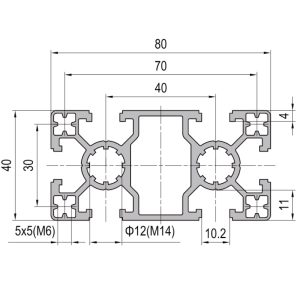 Perfil de Aluminio PG40 40×80 6 slots SL