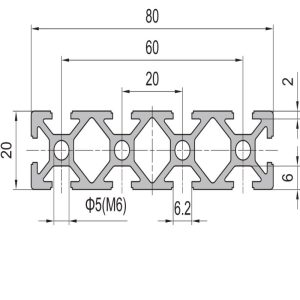 Perfil de Aluminio PG20 20×80 10 slots